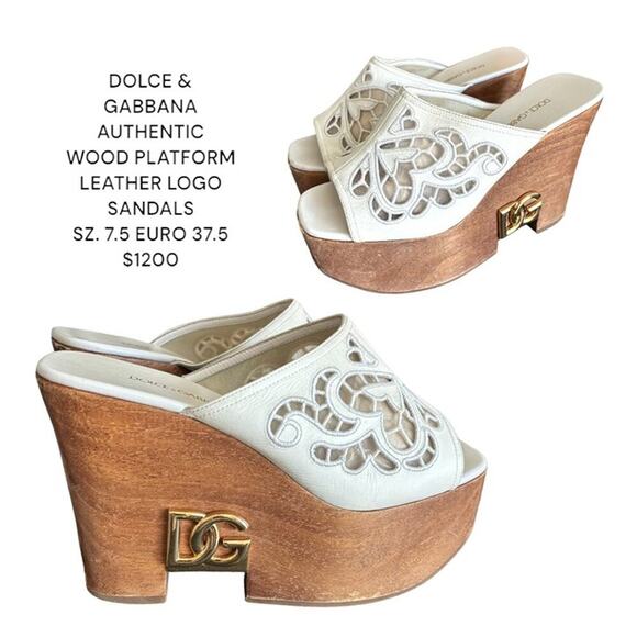 AUTHENTIC DOLCE & GABBANA PLATFORM WOODEN LOGO SANDALS 7.5 EURO 37.5 - Picture 1 of 8